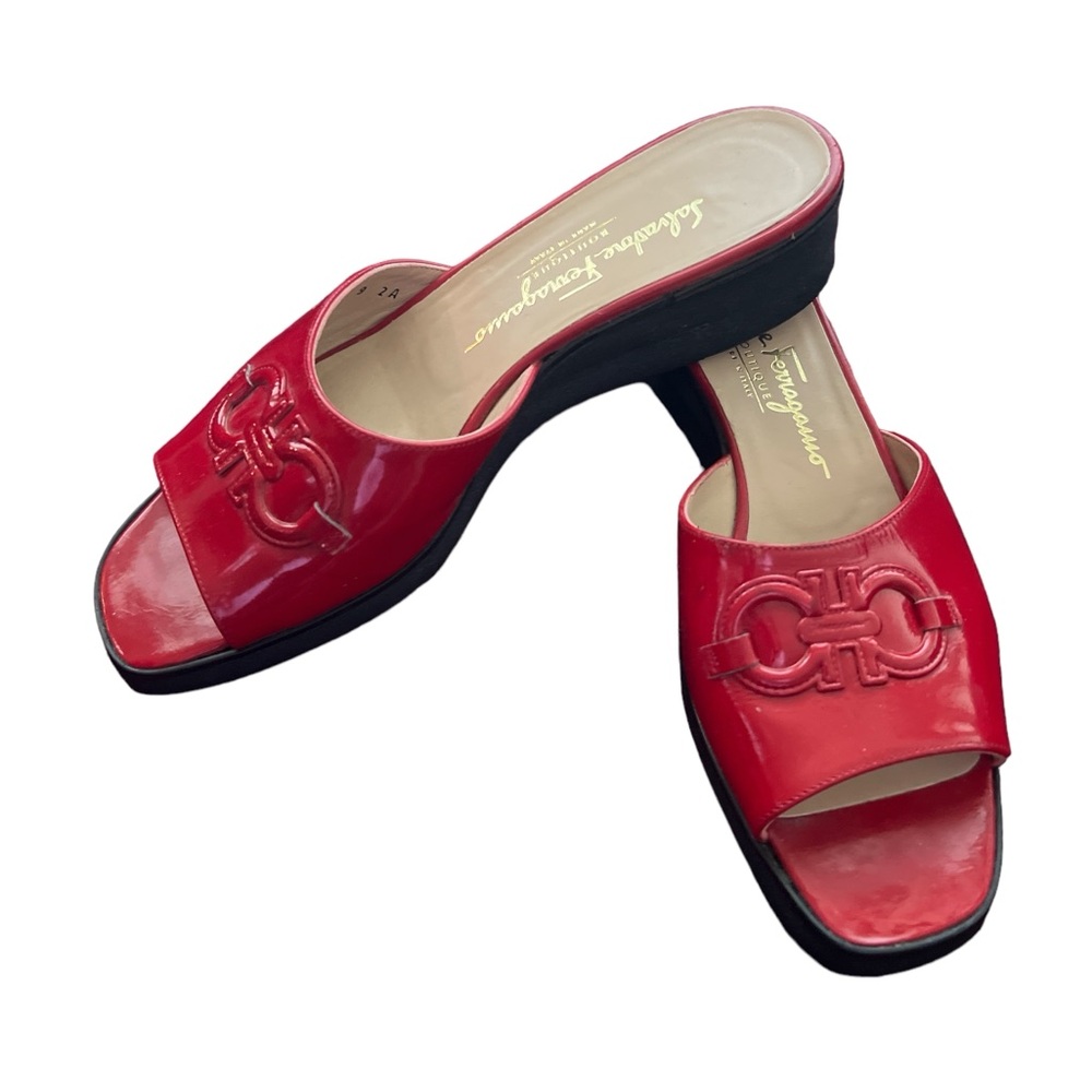 Vintage Salvatore Ferragamo red patent leather slide sandals